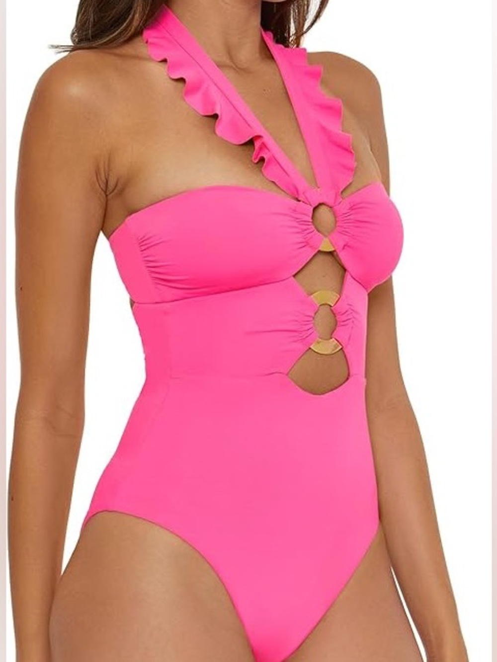 Soluna Neon Pink Cutout One Piece Swimsuit Ruffle Strap Medium NWOT